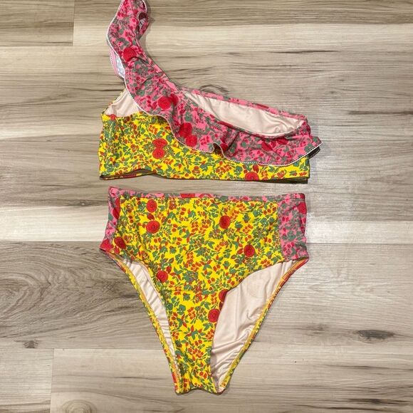 Roller Rabbit Rhody Floral Ruffle One Shoulder High Waisted Bikini Women’s M/L - Picture 1 of 2